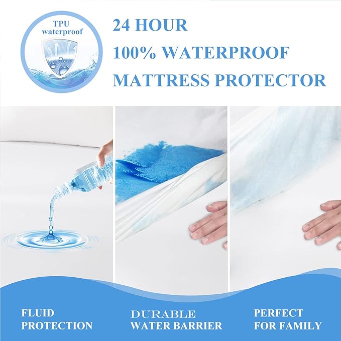 Twin Waterproof Mattress Protector - Noiseless, Breathable, Machine Washable Fitted Mattress Cover with Deep Pockets up to 5”-21”（White）