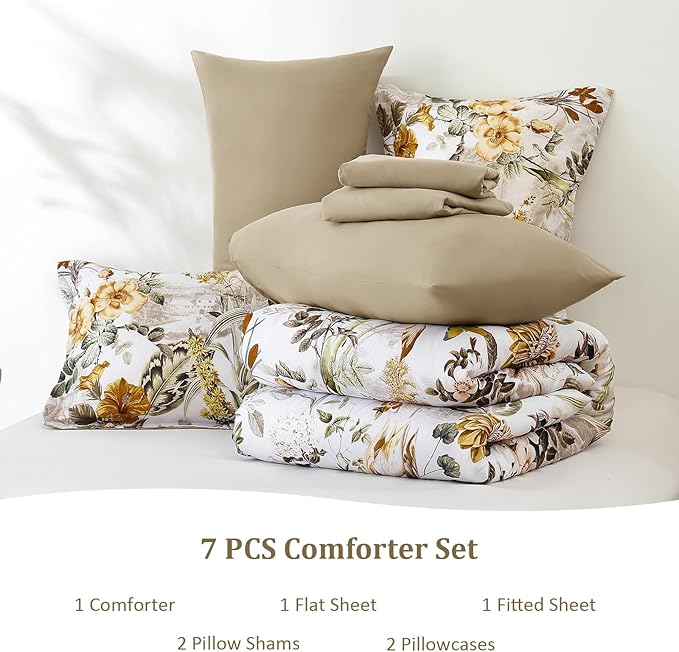 WONGS BEDDING 7 Pieces Bed in a Bag, Brown Comforter Set King Size, Colorful Botanical Flowers Leaves Pattern Bedding Set with Comforter, Sheets, Pillowcases & Shams