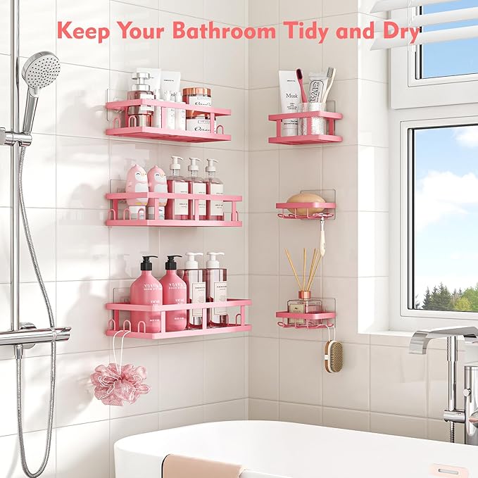Youvip 6 Pack Shower Caddy, Adhesive Shower Shelves with Soap Holder, No Drilling Rustproof Large Capacity pink bathroom decor accessories, Pink - Image 3
