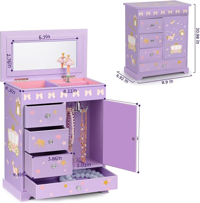 Large Jewelry Box for Girls 5-Layer Music Box with Swing Door Spinning Ballerina Unicorn Necklace & Bracelet Set Children Jewelry Organizer for Girls Kids Birthday Christmas Gift Purple - Image 3
