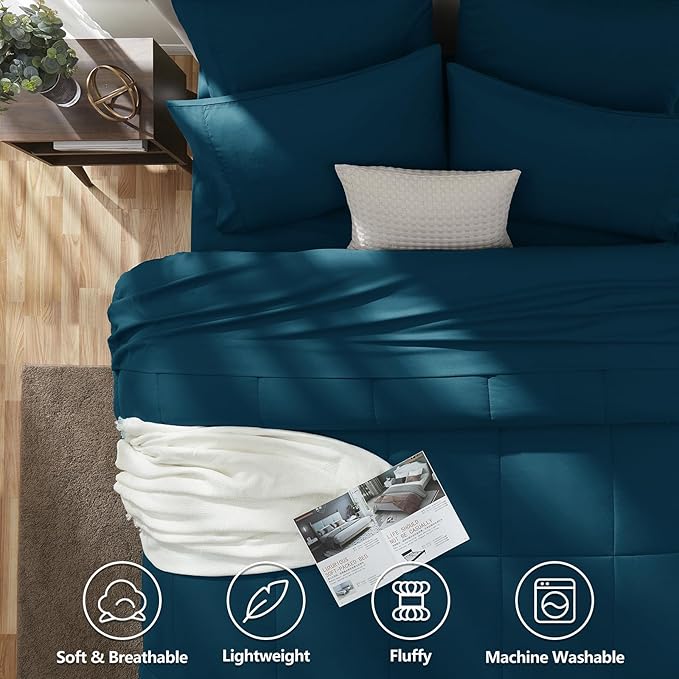 CozyLux King Size Comforter Set Lyons Blue, 7 Pieces Bed in a Bag, Blue Comforter King Size, All Season Bedding Sets with Stitch Quilted Comforter, Flat Sheet, Fitted Sheet, Pillowcases