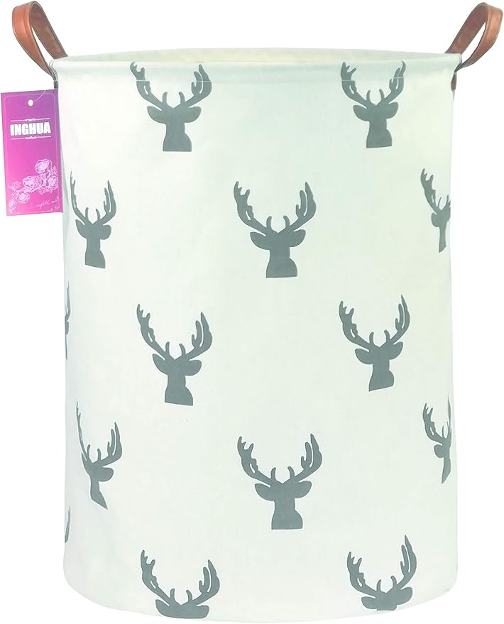 Laundry Hamper Large Canvas Fabric Lightweight Storage Basket/Toy Organizer/Dirty Clothes Collapsible Waterproof for College Dorms, Boys and Girls Bedroom,Bathroom(grey deer) by INGHUA