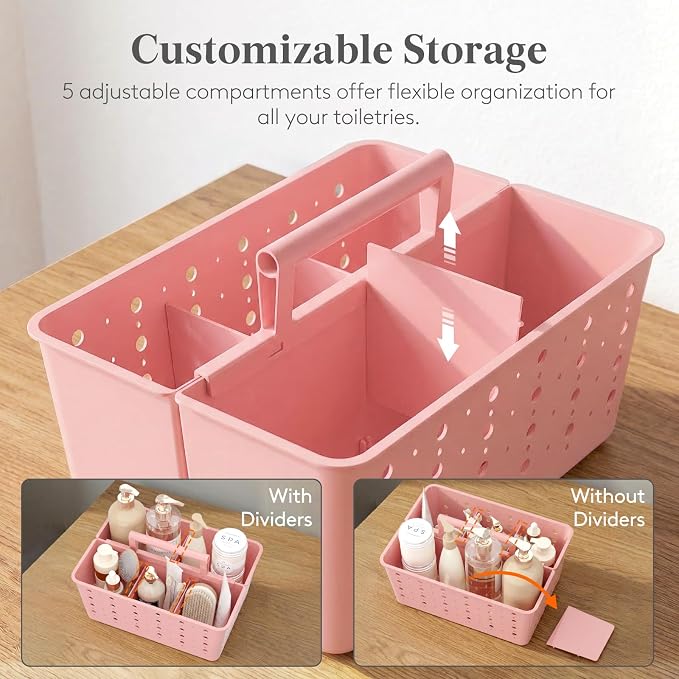 Lifewit Shower Caddy Portable, Cleaning Supplies Caddy Organizer with Handle and Adjustable Dividers, Plastic Shower Basket for Dorm Room Essentials, College, Bathroom, Pink, 2 Packs - Image 3