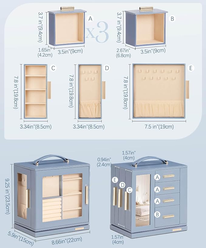 Homde Mothers Day Gifts Jewelry Box 360° Rotating, Necklace Earring Organizer with Transparent Window, Mirror, 7 Drawers, Large Ring Display Storage Case for Girls Women (Grey Blue) - Image 6
