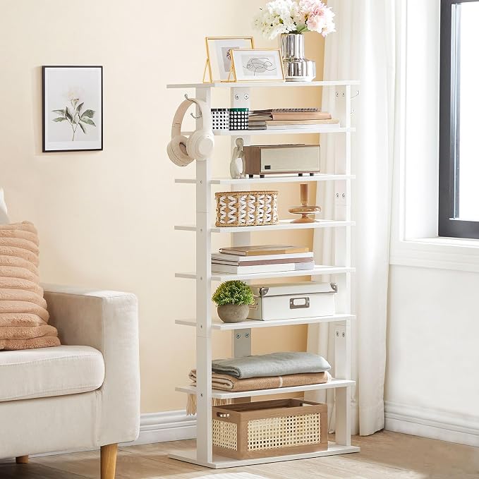 HOOBRO Vertical Shoe Rack, 8 Tier Wooden Shoe Storage Organizer with Hooks, Narrow Shoe Tower for 16 Pairs, Space Saving, for Entryway, Living Room, Bedroom, White WT750XJ01 - Image 9