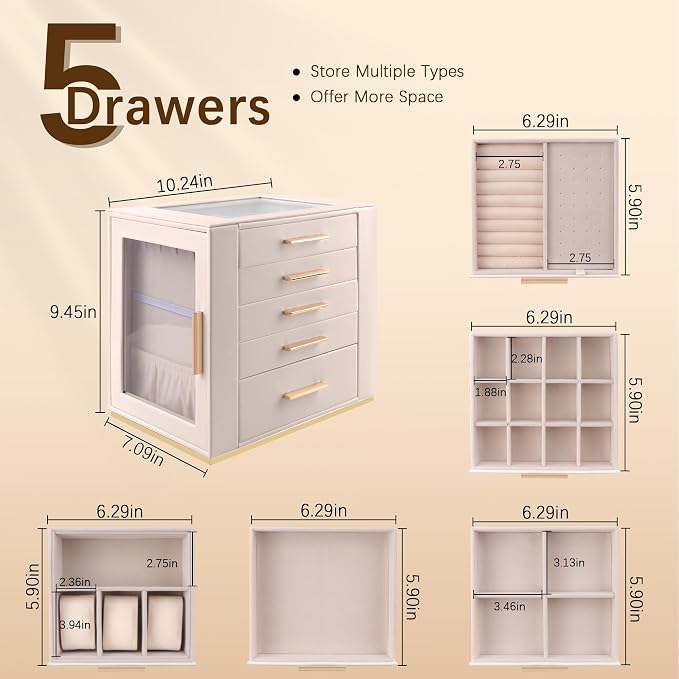 Homeanda Jewelry Box for Women with Glass Lid, 5 Drawers Jewelry Organizer and Storage for Necklaces, Rings, Earrings, Bracelets, Gift for Girls and Teens,PU Leather (Beige) - Image 3