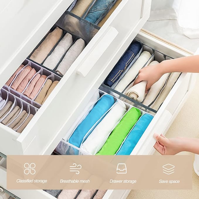 Wardrobe Clothes Organizer 7 Grids Portable Closet Organizer Mesh Separation Storage Box Foldable Closet Drawer Organizer for Underwear Socks Scarves Leggings (Grey, 3 Leggings Grid) - Image 3