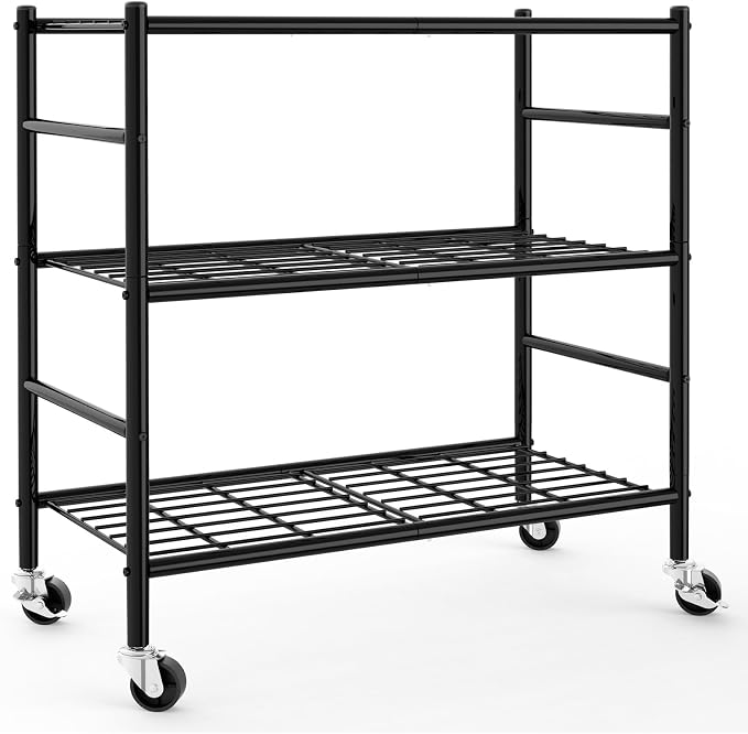 Sakugi Storage Shelves Organizer - 3 Tier Metal Shelf Organizer with Metal Wheels and Adjustable Leveling Feet, Heavy Duty Garage Shelving for Kitchen, Pantry and Closet, 33.1"x12.6"x32.5", Black by Sakugi