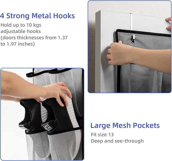 KEEPJOY Over the Door Shoe Organizer, Hanging Shoe Organizer with 4 Hooks,Door Shoe Holder with 14 Mesh Deep Pockets Closet Door Shoe Storage Bag (Grey-2Pack) - Image 3