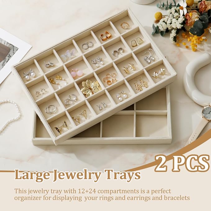 Large Velvet Jewelry Tray 2 Pack Stackable Jewelry Display Drawer Inserts Trays Organizer for Earring Bracelet Necklace Ring (Beige, 12 Grids+24 Grids) - Image 2