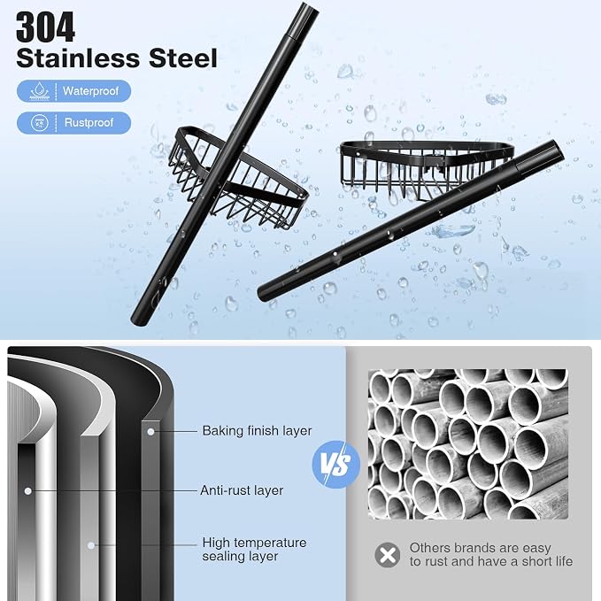 Corner Shower Caddy Tension Pole: Adjustable Rustproof 4-Tier Inside Bathroom Organizer - 47-121 inch Quick Installation Bathtub Shelves for Shampoo Storage - Rod Floor Standing Bath Rack - Black - Image 5