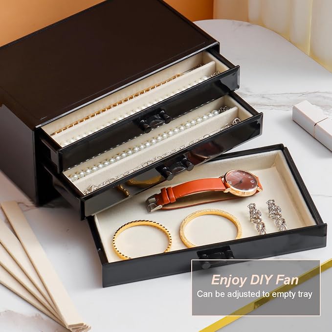 YUFONG Necklace Holder Organizer, Dustproof Necklace Box Velvet Necklace Organizer Box with Lid Clear Acrylic Dustproof Stackable Jewelry Displays for Necklaces Chain Display (Black Beige, 5 Drawer) - Image 5