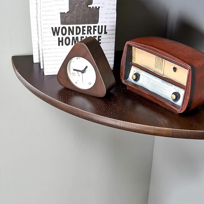 Corner Shelf, Solid Oak Wood Floating Corner Shelf Wall Mount Round End Floating Speaker with Wire Hole for Small Plant Photo for Bedroom Kitchen, Living Room Walnut - Image 7