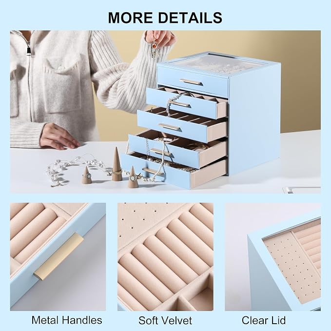Frebeauty Clear Lid Jewelry Box,5-Layer Jewelry Organizer with Drawer,PU Leather Jewelry Organizers and Storage,Jewelry Boxes for Women,Jewelry Storage for Rings Earring Stud,Gift for Women(Sky Blue) - Image 5