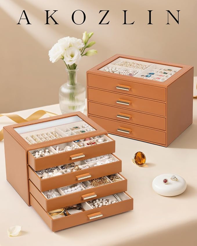 AKOZLIN Jewelry Box with Clear Lid Functional Leather Jewelry Storage Organizer Case 4 Drawers for Women Girls Necklace Ring Bracelet Earring Orange - Image 7