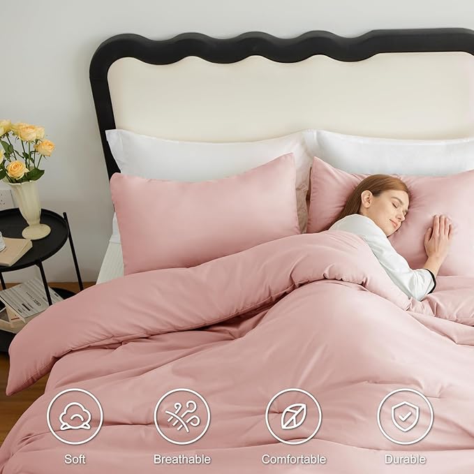 CozyLux Twin Comforter Set Blush Pink, 2 Pieces Twin Extra Long Solid Breathable Bedding Sets for College Dorm, Twin XL Luxury Soft Bed Set with Down Alternative Comforter and 1 Pillowcase All Seasons