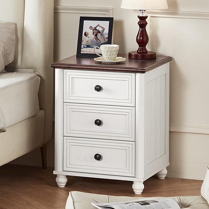 RWYHG 18" Farmhouse Night Stand, White Wood Nightstand with 3 Drawers, Bedside End Table with Storage and Roman Column, Bed Side Tables Cabinet for Bedroom, Living Room, and Closet