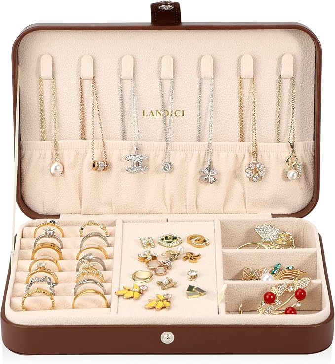 LANDICI Small Jewelry Box for Women Girls, PU Leather Travel Jewelry Case, Portable Jewelry Organizer Storage Holder Display for Ring Earrings Necklace Bracelet Bangle Men Kids Gift, Coffee - Image 2