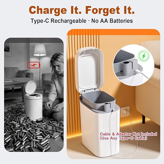 funest Bathroom Trash Can with Lid, Automatic Motion Sensor Trash Can, 3.5 Gallon Garbage Can, Type-C Rechargeable, Bag-Holding Design, One-Pull Auto Packing, Quiet-Close Hinge for Bedroom, Office - Image 3