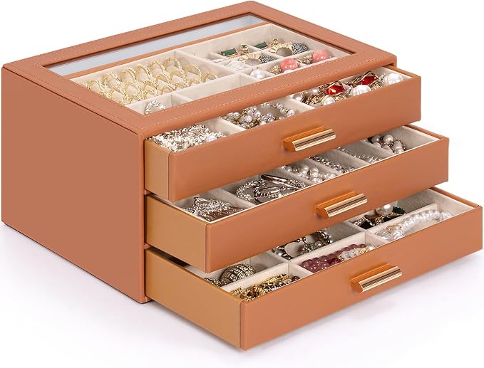 AKOZLIN Jewelry Box with Clear Lid Functional Leather Jewelry Storage Organizer Case 3 Drawers for Women Girls Necklace Ring Bracelet Earring - Image 7