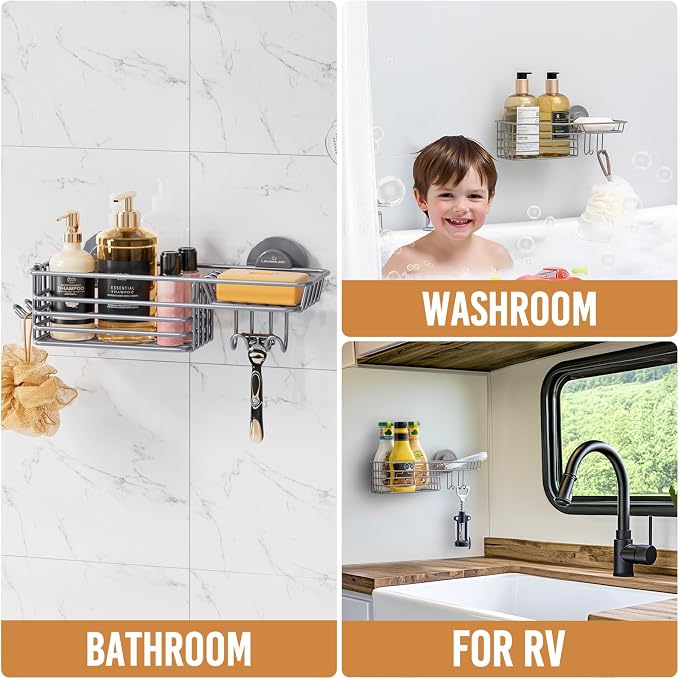 LEVERLOC Shower Caddy Suction Cup, Heavy Duty Bathroom Organizer for Inside Shower with Hooks & Soap Holder， NO-Drilling Bathroom Shower Holder-Grey - Image 6