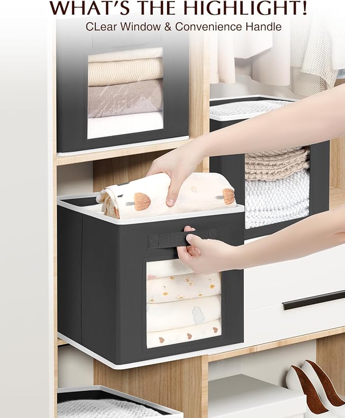 Homsorout Foldable Storage Cubes - Square Organizer with Window, Decorative Baskets for Organizing, Fabric shelf Basket for Clothes, 11 Inch Closet Storage Cubes, Set of 16, Black - Image 9