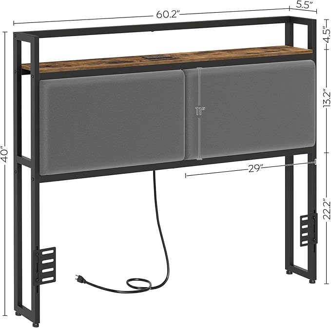 YATINEY Queen Size Headboard Only, Upholstered Queen Headboard with Charging Station, Head Board with Open Storage, Height Adjustable, Vintage Style, Sturdy and Stable, Rustic Brown, Gray and Black