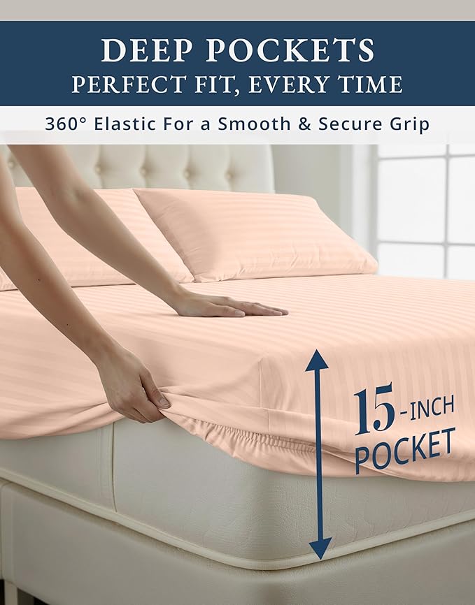 LANE LINEN 100% Egyptian Cotton King Sheets Set, Soft & Comfy Sateen Weave Mercerized Cotton Sheets King, Fully Elasticized Reinforced French Seam Fitted King Bed Sheets Damask Stripe – Veiled Rose