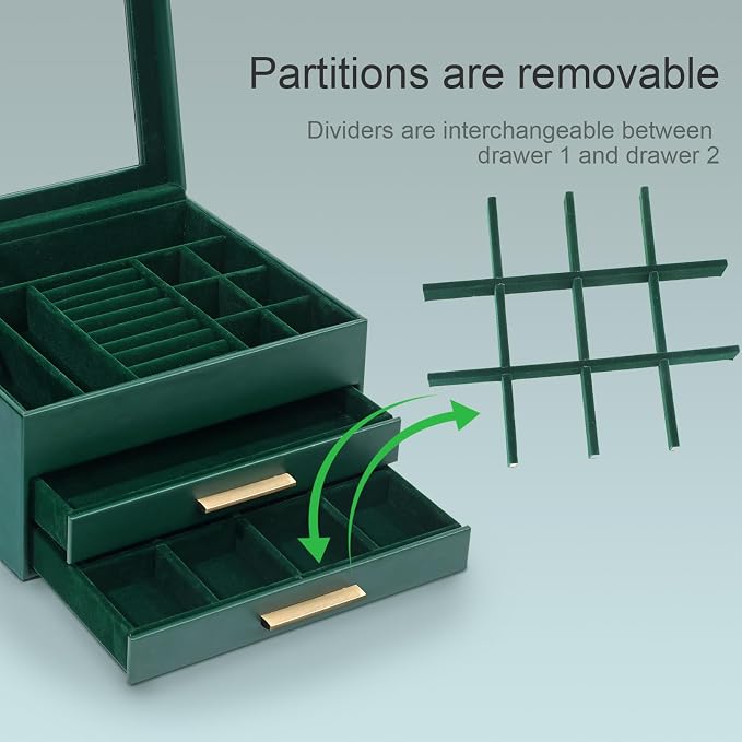 Somduy Jewelry Box Organizer for Women,3 Layers PU Leather Jewelry Storage Display Box with Glass Lid,Gift for people,3 Drawers,Large Capacity for Necklace Earrings Bracelets Rings, Dark Green - Image 5
