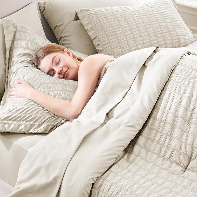 CozyLux King Size Comforter Set Oatmeal Seersucker 7 Pieces Bed in a Bag King Comforter Set with Sheets, Luxury Bedding Sets with Down Alternative Comforter, Sheets, Pillowcases & Shams All Seasons