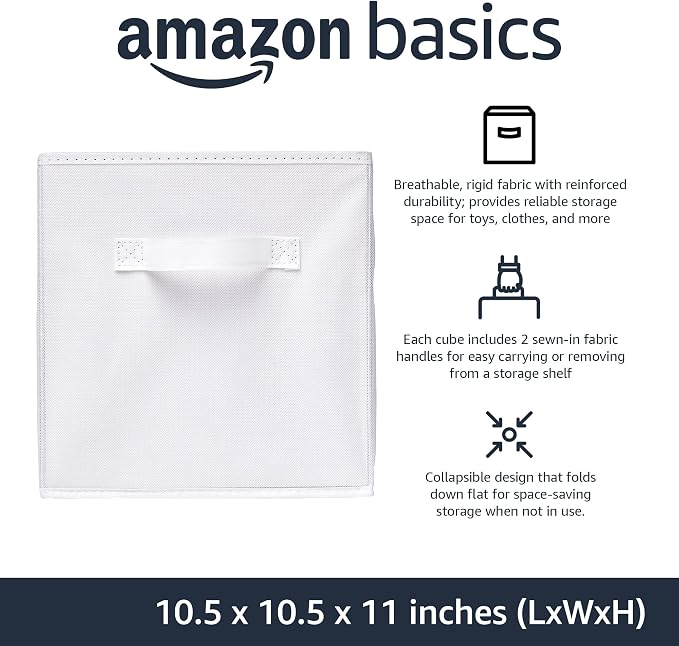 Amazon Basics Collapsible Fabric Storage Cubes Organizer with Handles, Sturdy Storage Bins, White, 10.5-x-10.5-x-11-inch, 6-Pack - Image 2