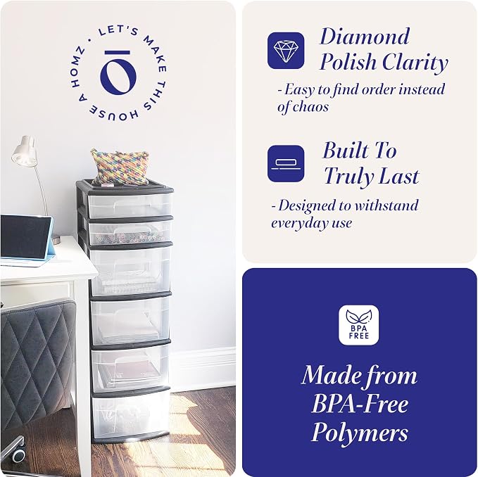 HOMZ Drawer Tower, 6-Tier Clear Plastic Storage Organizer Cart, Black Frame - Heavy-Duty Organizing Drawers for Home, Bedroom, and Closet Organization - Image 4