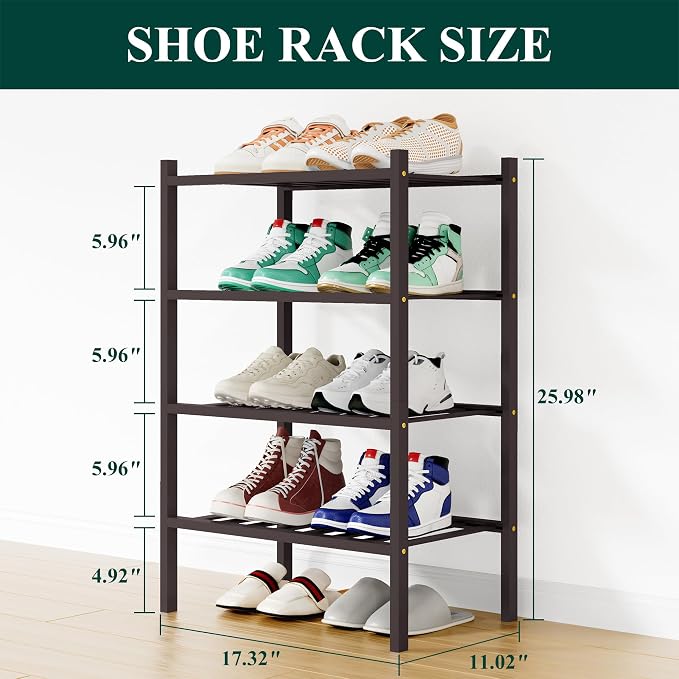 Smiry Shoe Rack, 4 Tier Small Bamboo Shoe Organizer, Stackable Free Standing Wooden Shoe Storage Shelf for Closet, Entryway, Front Door Entrance, Brown - Image 2