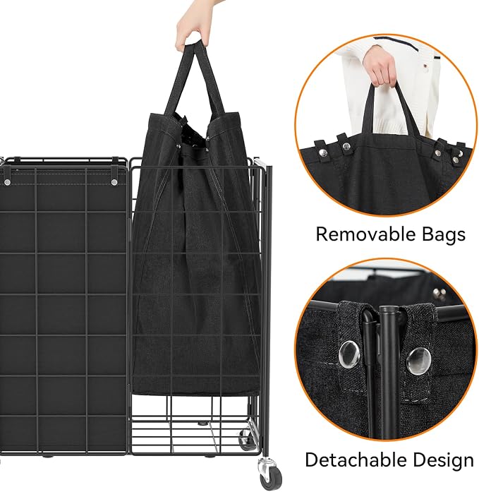 WOWLIVE Double Laundry Hamper with Wheels,Metal Wire Frame Rolling Laundry Basket with 2 Removable bags,120L Dirty Clothes Hamper Organizer Dorm Room Storage for Bedroom,Bathroom,Black - Image 6