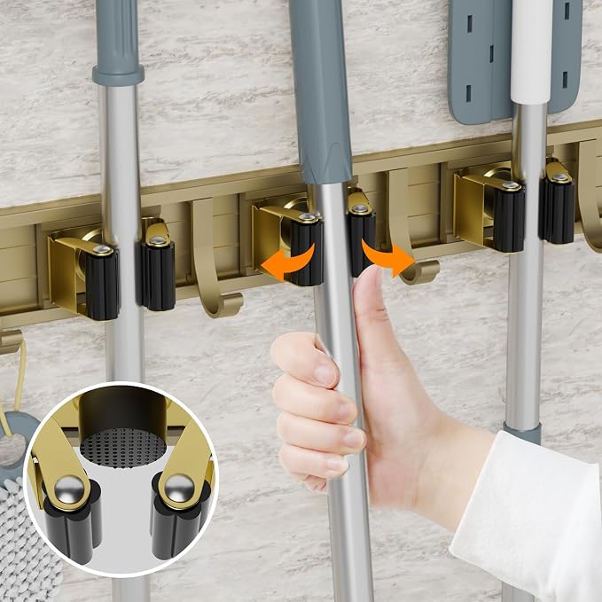 reliahom Broom Holder Wall Mount, 4 Racks with 5 Hooks Bronze - Mop Storage Tool Racks, Broom Hanger Tool Organizer for Garage, Kitchen, Garden, Laundry Room - Image 4
