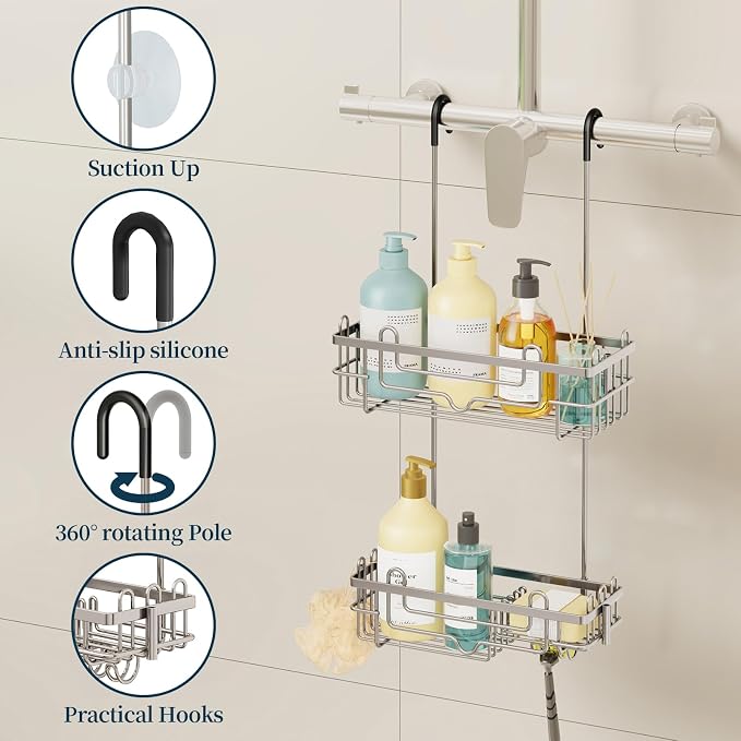 Consumest Over the Door Shower Caddy - 2-Tier Hanging Shower Organizer with Soap Holder, Rustproof Bathroom Storage and Organizer Rack for Shampoo, Towels, and Toiletries, Sand Nickel - Image 5