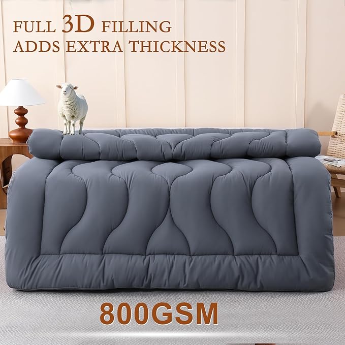 YOUR MOON 100% Organic Wool Mattress Topper Twin Size, Thick Pillow Top Mattress Pad, 800GSM Natural Wool Filling, Back Pain Relief Bed Topper with Cotton Cover-16'' Depth, 39"x75" (Gray)