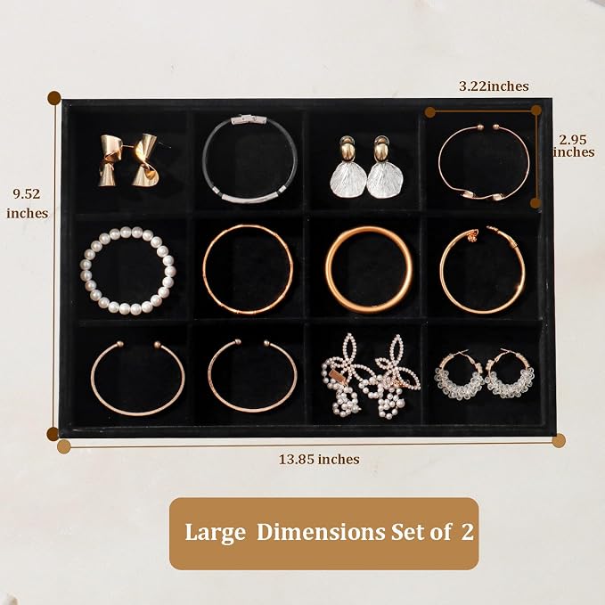 Large Velvet Jewelry Tray 2 Pack Stackable Jewelry Display Drawer Inserts Trays Organizer for Earring Bracelet Necklace Ring (Black, 12 Grids) - Image 5