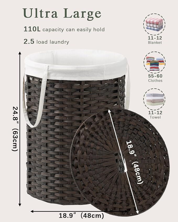 SETVSON Laundry Basket with Lid Round Rattan Laundry Hamper with Lid and Handles 29.1 Gal (110 L) Handwoven Woven Basket with Removable Bags and 2 Mesh Bags for Bathroom Living Room Brown - Image 4