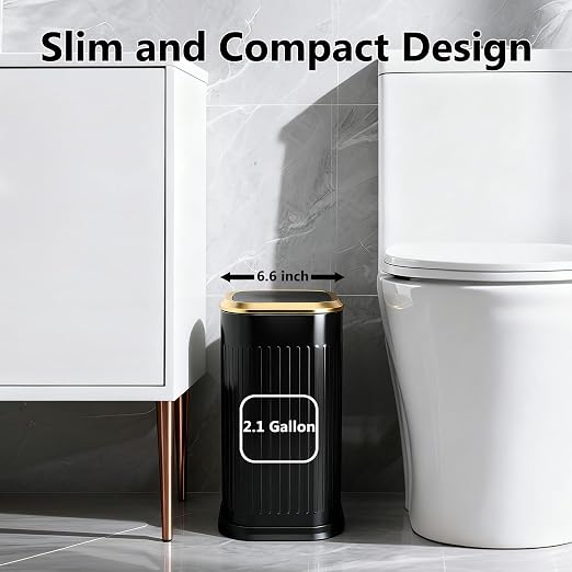 TIPGO Bathroom Trash Can with Lid, 2.1 Gallon / 8 Liter Small Garbage Can, Press Top Bin, Stainless Steel Wastebasket with Pop-Up Lid for Bedroom, Living Room, Office (Black) - Image 2