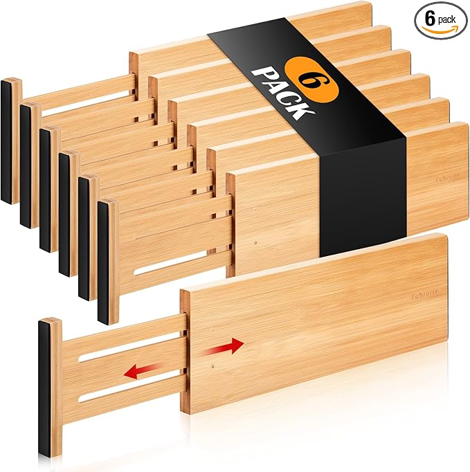 Fabsome Dresser Drawer Organizers 6 Pack, 4.65'' High Adjustable from 12.5-17‘’ Bamboo Drawer Dividers for Clothing Baby Clothes, Wooden Separators for Dresser Nursery Organization with Soft Foam Ends by Fabsome