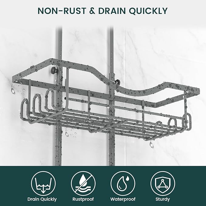 REINHARDT Shower Caddy Hanging Adjustable, Extended Length Rustproof Shower Caddy Over Shower Head with Hooks Soap Holder, Large Capacity Shower Organizer Anti-Swing Bathroom Organizer, Grey - Image 3