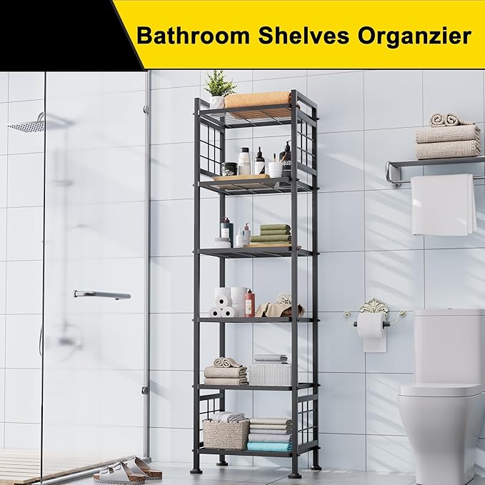 GIOTORENT 6-Wire Standing Storage Shelf for Bathroom Organizers and Storage & Laundry Room Organization, Metal Shelving Unit Pantry Rack for Kitchen & Bathroom, Black - Image 3