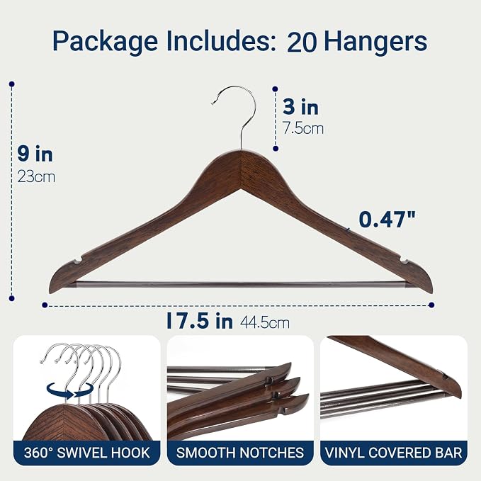 Amber Home 20 Pack Walnut Wooden Coat Hangers, Vintage Wood Suit Hangers with Non-Slip Pant Bar, Clothes Hangers for Closet Organization, Shirts, Jackets, Dresses, and Pants (Retro, 20) - Image 2