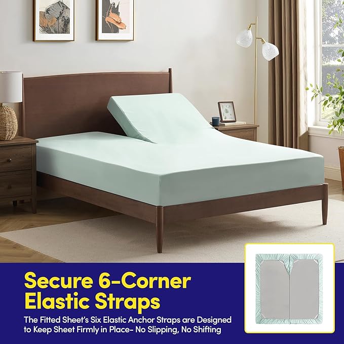 Split Head King Sheets Set for Adjustable Beds 4 Piece Flex Top Bed Sheets – Deep Pocket Split Top Fitted Sheet with Built-in Corner Straps, Luxury Soft Cooling Bedding, Wrinkle Resistant, Mint