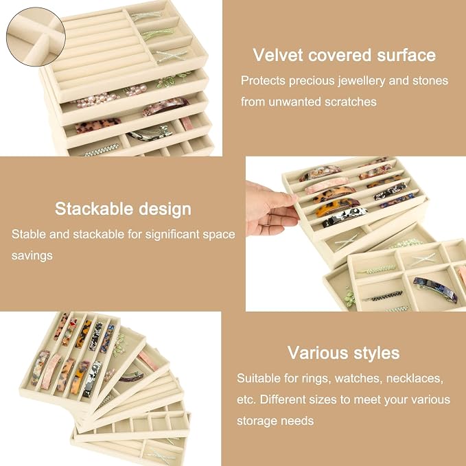12Pcs Velvet Stackable Jewelry Trays, Jewelry Drawer Organizer, Large Removable Display Jewelry Tray, Necklace Bracelet Storage Box for Earring, Ring, Brooch, Watch (Beige) - Image 3