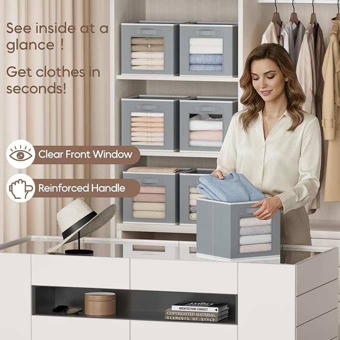 Homsorout Foldable Storage Cubes - Cubby Storage Organizer with Window, Decorative Baskets for Organizing, Fabric Bins for Clothes Storage, Closet Storage Cubes 11inch, Set of 12, Grey - Image 2