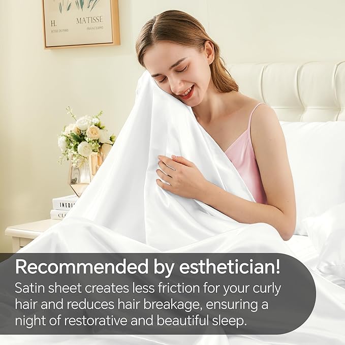 BEDELITE Satin Sheets Twin XL Size Bed Set, Luxury Soft White Silky Sheets for Hair and Skin, Similar to Silk Bed Sheets Set 3 Pieces （1 Deep Pocket Fitted Sheet, 1 Flat Sheet, and 1 Pillowcase）