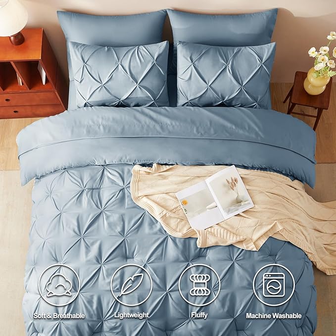 CozyLux Queen Comforter Set Mineral Blue, 7 Pieces Pintuck Bed in A Bag, Premium Blue Comforter Queen Size, Pinch Pleat Bedding Sets with Comforter, Flat Sheet, Fitted Sheet, Pillowcases & Shams