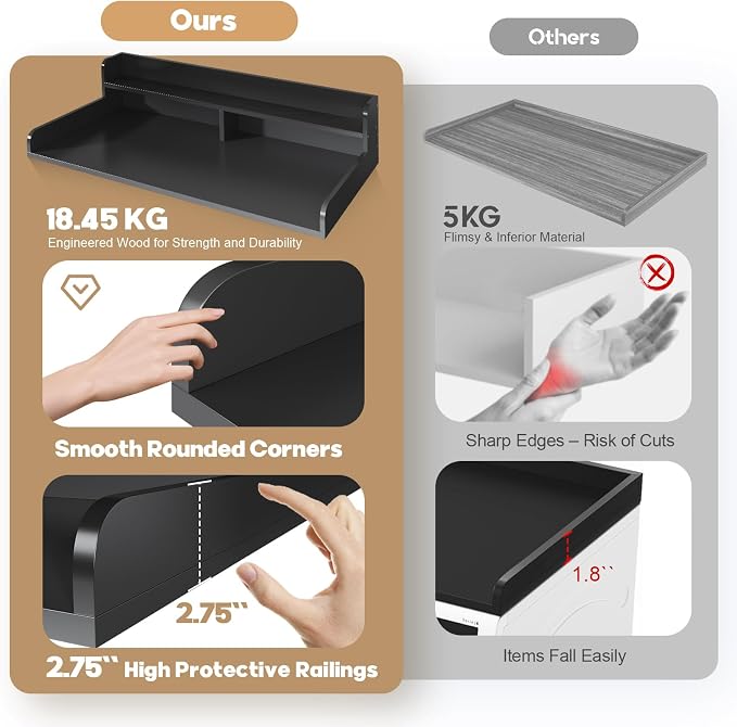 2-Tier Washer Dryer Countertop with 2.75"H Edge Rails, 54" W x 27.55" D Laundry Countertop for Folding Clothes, Washer and Dryer Topper with Non-Slip Pad (Black) - Image 3
